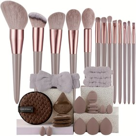 Resim Premium Yumuşak Taşınabilir Çanta ile Lüks 20/33 Parça Altın Makyaj Fırça Seti, Yüksek Kaliteli Pembe Tonlu Kozmetik Araçlar, Dayanıklı Polyester Kıllar, Metal Saplar, Kokusuz, Tüm Cilt Tipleri İçin Uygun, Avuç Fırça Formu 