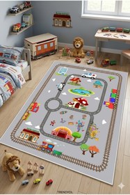 Resim NORELLAHOME NORELLA HOME Tren Yolu Oyun Halısı Kaymaz Taban Yıkanabilir Çocuk Odası Halısı 