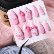 Resim 24 Adet 3D Hello Kitty Sanrio Pembe Gradyan Beyaz Fransız Y2k Kedi Tırnakları Karikatür Kurdele Kalp Badem Şekilli Takma Tırnak Uçları 