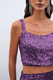 Resim Sateen Payetli Crop Bluz, STN139KBL2094 