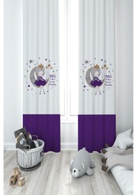 Resim Mekta Home Bebek Ve Çocuk Odası Ayda Oturan Mor Prenses Kız Desenli 2 Kanat Fon Perde 