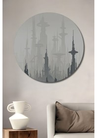 Resim Fütüristik Şehir Manzarası Dijital Baskı Ahşap Tablo Yuvarlak Duvar Tablosu--- 50 X 50 