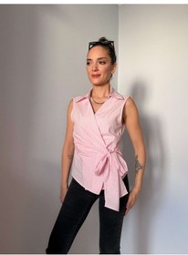 Resim Ali Butik Pembe Çizgili Sıfır Kol Poplin Gömlek Pembe 