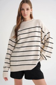 Resim Mixray 6944 Kadın Salaş Yumuşak Dokulu Çizgili Triko Kazak Naturel 