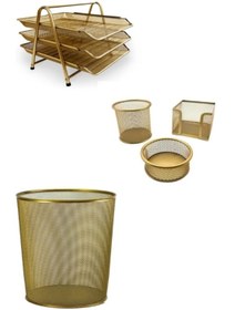 Resim Genel Markalar Metal Ofis Seti Gold (3' Lü Evrak Rafı, Kalemlik, Ataşlık,, Çöp Kovası ) 