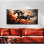 Resim Yağlı Boya Dokulu Tablo Koşan Siyah At Siyah Çerçeveli U04008-178922 