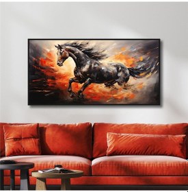 Resim Yağlı Boya Dokulu Tablo Koşan Siyah At Siyah Çerçeveli U04008-178922 