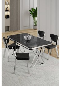 Resim Raja Serisi 80x130 Lak Panel Beyaz Mermer Desen Masa Takımı Krom Ayaklı 4 Sandalye Beyaz Mermer Masa Siyah Sandalye 