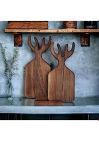 Resim Geyikli Sunum Tahtası Seti Doğrama Tahtası Seti Ceviz Ağacı 3 Parça Standlı Kesme Tahtası Ahşap 