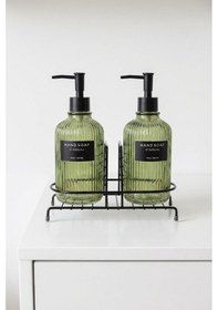 Resim Makri Home Modern Çizgili Yuvarlak Cam Ikili Sıvı Sabunluk & Deterjanlık Seti, Yeşil- 500 Ml Cam Sabunluk 