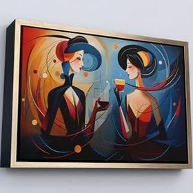 Resim Ahşap Çerçeveli Kandinsky Tarzı Güzel Kadınlar Tablosu 55x75 cm Siyah, TTÇ.KNV7248FRM 