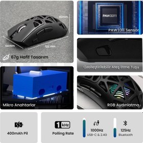 Resim Aula Sc620 Paw3311 Sensör 12000 Dpı 1000hz Kablolu Ve Kablosuz Gaming Oyuncu Mouse Siyah Sc620 
