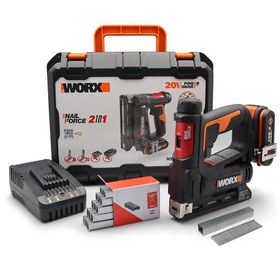 Resim WORX WX843 20Volt/2.0Ah. Li-ion Şarjlı Profesyonel 6-14mm Zımba ve 15mm Çivi Çakma + 3500 adet Yedek Zımba ve Çivi 