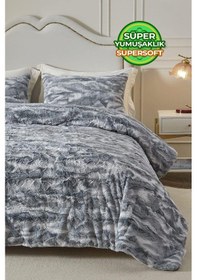 Resim Evlen Home Çift Taraflı Kişilik Kürk Yorgan Uyku Seti Yumuşak Dolgulu Wellsoft Peluş 3 Parça Mia Antrasit Gri 