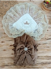 Resim Dantelli Taçlı Bebek Kundağı Unisex Bebek Dış Kundak Battaniyesi Hastane Çıkışı Mevlütlük Kundak Kahverengi 