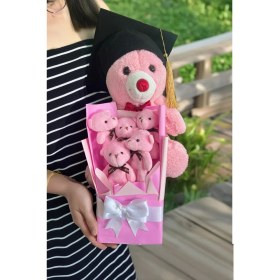 Resim Mezuniyet Hediyesi: Mezun Peluş Ayıcık & Pembe Ayıcık Buketi 