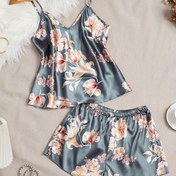 Resim Kadınların Çiçek Desenli Şık Saten Pijama Takımı, V Yaka Sırtı Açık Kolsuz Üst & Şort, Rahat Bol Kesim 