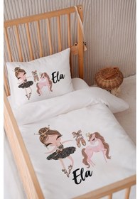 Resim %100 Pamuk Saten Isme Özel Isimli 100x150 Bebek Yatak Nevresim Seti Balerin Ve Unicorn 