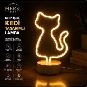 Resim Neon Led Kedi Lamba Dekoratif Masaüstü Gece Lambası Usb & Pilli 