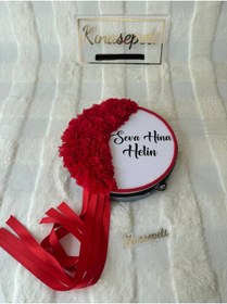 Resim Kınasepeti Kişiye Özel İsimli Gelin Defi, Kırmızı 3D Çiçekli ve Saten Kurdeleli Kına Gecesi Tefi 