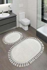Resim My Evilla Modern Simirna Dekoratif Peluş Oval Ponpon Saçaklı Klozet Takımı Beyaz 