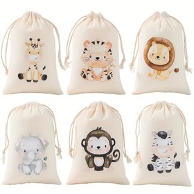 Resim 6 adet Orman Safari Hayvan Çekme Çantası - Pamuk, Canlı Vahşi Bir Orman Tasarımları Gençler Duşları ve Doğum Günü Partileri için, Misafirler, Gençler Duş Dekoru için Mükemmel, Canlı Hayvan Baskısı, Renkli Tutacaklar, Orman Temalı Dekorasyonlar, Noel, Cadılar Bayramı 