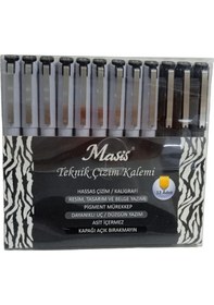 Resim Teknik Çizim Kalemi Seti Siyah Yuvarlak- Fırça - Kesik Uç 12'li Paket Set 