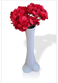 Resim Kaliteli Düz Beyaz Konik 60 Cm Vazo Büyük Kırmızı Ortanca Çiçek 