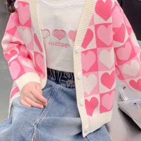 Resim 1 adet Kızlar için Rahat Kalp Desenli Örme Hırka - Yumuşak Polar Astarlı V Yaka Uzun Kollu Kazak Bahar/Sonbahar için, Düğmeli Ön, Hafif ve Rahat, Günlük Giyim için Mükemmel, Bahar Sonbahar Giyim, Düğmeli Ön Hırka, Yumuşak Polar Astar 