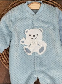 Resim 101 Dalmaçyalı Peluş Ayıcık Nakışlı Patikli Çıtçıtlı Kışlık Erkek Bebek Tulum Buz Mavi 