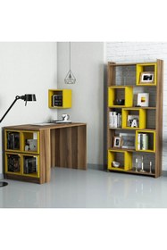 Resim Variant Mobilya Box Çalışma Masası Ve Kitaplık Takımı - Ceviz / Sarı 