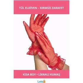 Resim Kısa Boy Likralı Güpürlü Yetişkin Tül Eldiven Kırmızı Çok Renkli 