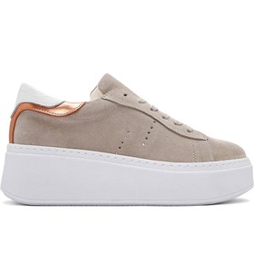 Resim Derimod Kadın Bej Bağcıklı Kalın Tabanlı Süet Deri Sneaker 25SFD371510 