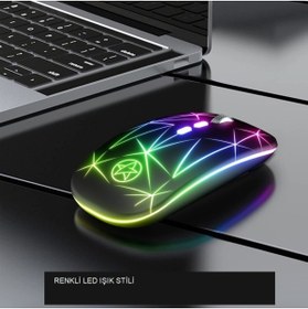 Resim YeniTech-Şarjlı Kablosuz Optik Yedi Renkli Mouse Sessiz Bilgisayar Ergonomik Oyun Faresi Led Işıklı 