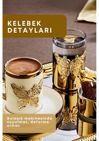 Resim Grimorlife 2 Kişilik Tepsili Gold Porselen Kelebek Detaylı Fincan Sunum Seti-söz Nişan Kahve Fincanı Gold 