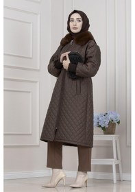 Resim Yakası Kürklü Capitone Mont-kahverengi-5563 Kahverengi 