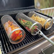 Resim 3 adet (Isıtıcı Kafesi + Isıtıcı Çatal + saç tokası) Kutulu Paslanmaz Çelik BBQ Isıtıcı Seti, Taşınabilir Açık Hava Barbekü Sepeti, Yuvarlak Ateş Kabı Pişirme Rafı, Çok Amaçlı Kamp Isıtıcı Aksesuarı 