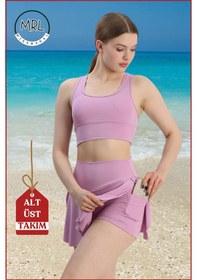 Resim Missmaral Kadın Alt-üst Takım Şort & Sabit Pedli Üst Crop Denizde Havuzda Sporda Swimsuit Lila Rengi Takım3107 Lila 
