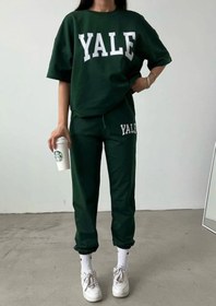 Resim CLAYES Yale T-shirt Eşofman Altı Jogger- Yeşil Baskı Alt Üst Eşofman Takımı Oversize Bisiklet Yaka 