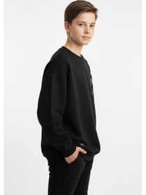 Resim Bisiklet Yaka Cep Fermuar Detaylı Erkek Çocuk Sweatshirt-90855 Siyah 