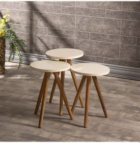 Resim Zigon Sehpa Ve Orta Sehpa Set Ahşap Torna Elips Krem 