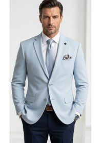 Resim Plus Scorpion Erkek Slim Fit Çift Düğme Çift Yırtmaçlı Blazer Ceket Premium Dokulu Kumaş Bebe Mavisi 