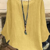 Resim Kadınlar için Büyük Beden Rahat Yaka T-Shirt - Sarı, Uzun Kollu, Büyük Boyutlu Pullover, Bahar/Yaz/Sonbahar için Mükemmel, Günlük Giyim|Çiçek Desenli Üst|Esnek Olmayan Kumaş 