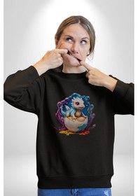 Resim Sevimli Bebek Ejderha Elmas Yumurta Unisex Siyah Baskılı Sweatshirt Siyah 
