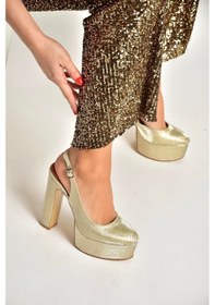 Resim Fox Shoes Y246195107 Altın Yılan Baskı Platform Kalın Topuklu Kadın Abiye Ayakkabı Altın 