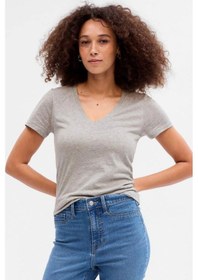 Resim Tam12den Kadın V Yaka Basic Pamuklu T-shirt Gri Gri 