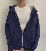 Resim Bayzı Fermuarlı Oversize Kapüşonlu Sweatshirt 179571732 Mavi 