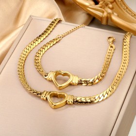 Resim 2 adet Şık Fransız Vintage Kalp Temalı Paslanmaz Çelik Takı Seti - Aşırı Küba ve Kalın Zincirli Kolye ve Bilezik, Düğünler, Partiler ve Hediyeler için, Tatiller ve Arap Tarzı, Altın Tonlu, Tüm Mevsimler İçin Aksesuar, Tatil Takı | Vintage Fransız Tarzı | Aşırı Küba Zinciri 