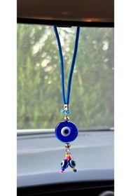 Resim Azrua Lacivert Yuvarlak Cam Nazar Boncuklu Araba Ayna Süsü Araba Nazarlık Nazar Koruması 