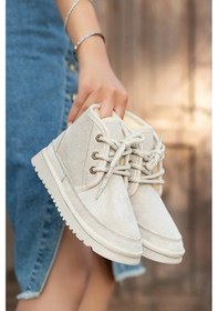 Resim Mini Kürk Astarlı Alçak Taban Bağcıklı Rahat Kadın Bot Bej 